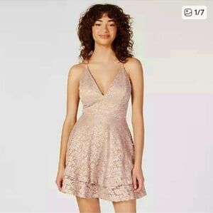 Emerald Sundae Glitter Blush Nude Mini Tiered Lace Cut Out Back Skater Dress